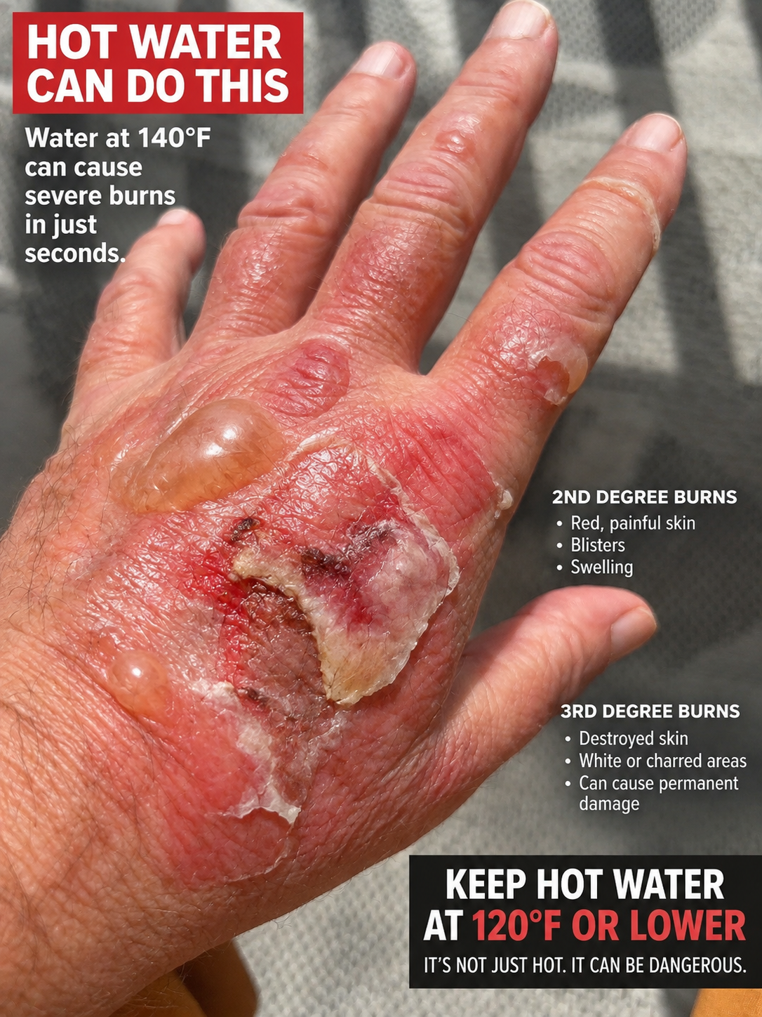 Hot-water scald warning showing a simulated burned hand and explaining second- and third-degree burn dangers
