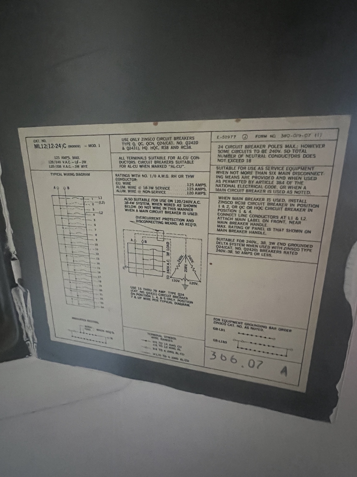 Electrical equipment label inside panel identifying GTE Sylvania load center and specified Zinsco breaker types